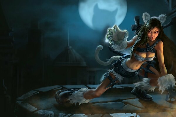 Ragazza dipinta in costume da gattino sullo sfondo della Luna e della città