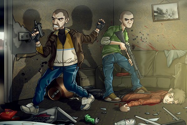 Cartoon comedy on GTA 4 where niko and patrick with weapons are in the room