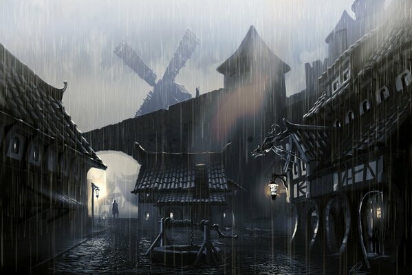 Дождливый , с мерцающими фонарями сказочный город