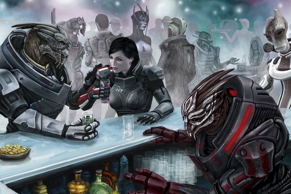 Comandante Shepard, Wakariana e Garrus con vipivka