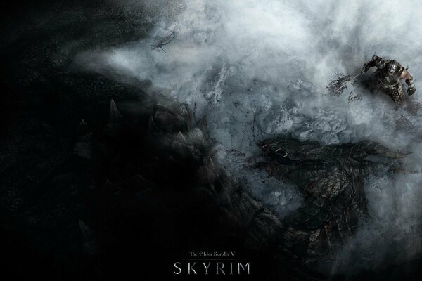 Poster of the Skyrim game with a warrior and a dragon