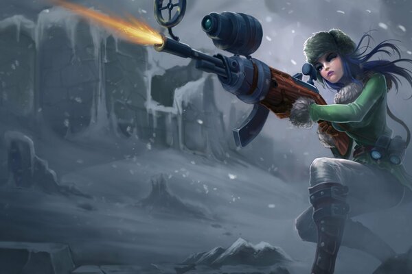 Ein Mädchen in der League of Legends schießt mit einer Waffe auf den Winterschlucht