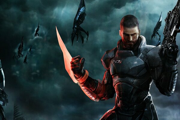 Commandant Shepard avec un pistolet dans ses mains