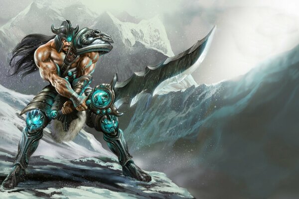 A warrior from the League of Legends with a sword on the background of a mountain range