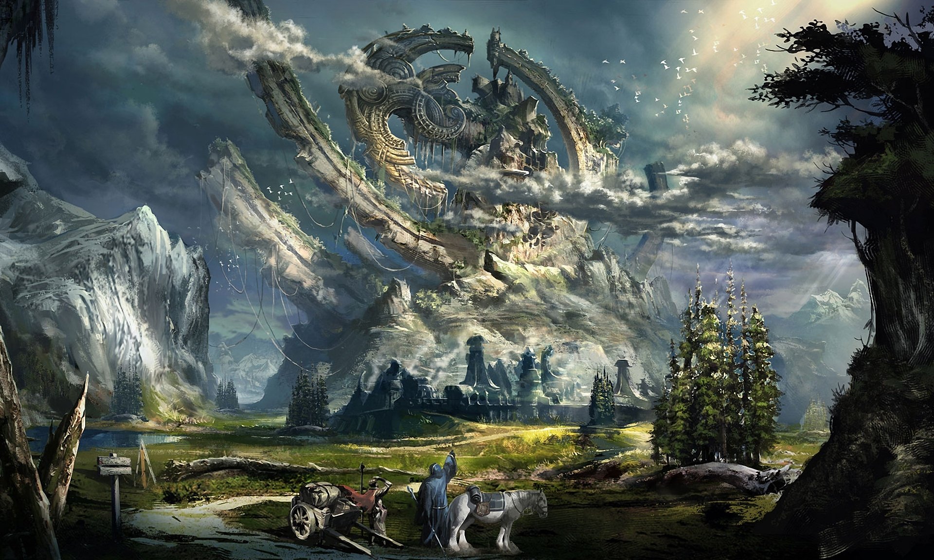 tera online mountains structure giant stone ropes travelers birds clouds road cart horse horse