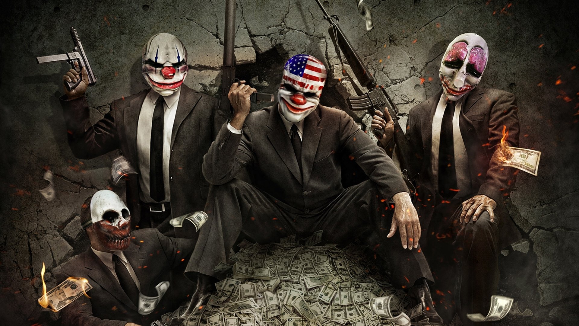 payday the heist payasos ladrones dinero dólares máscaras máquinas expendedoras