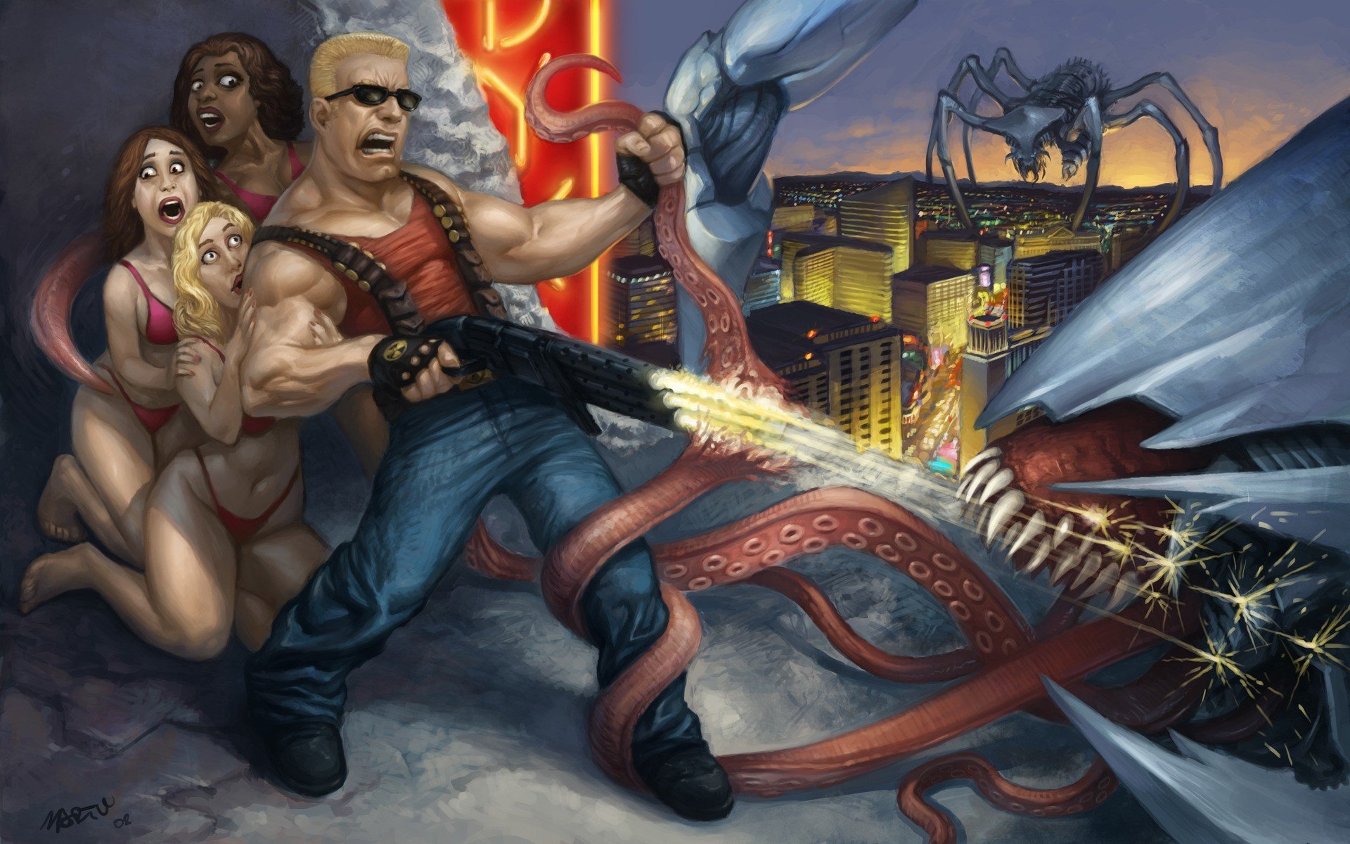 duke nukem forever drawn spider city octopus girls saviour duke picture savior monster tentacle kachok sunglasses shotgun town