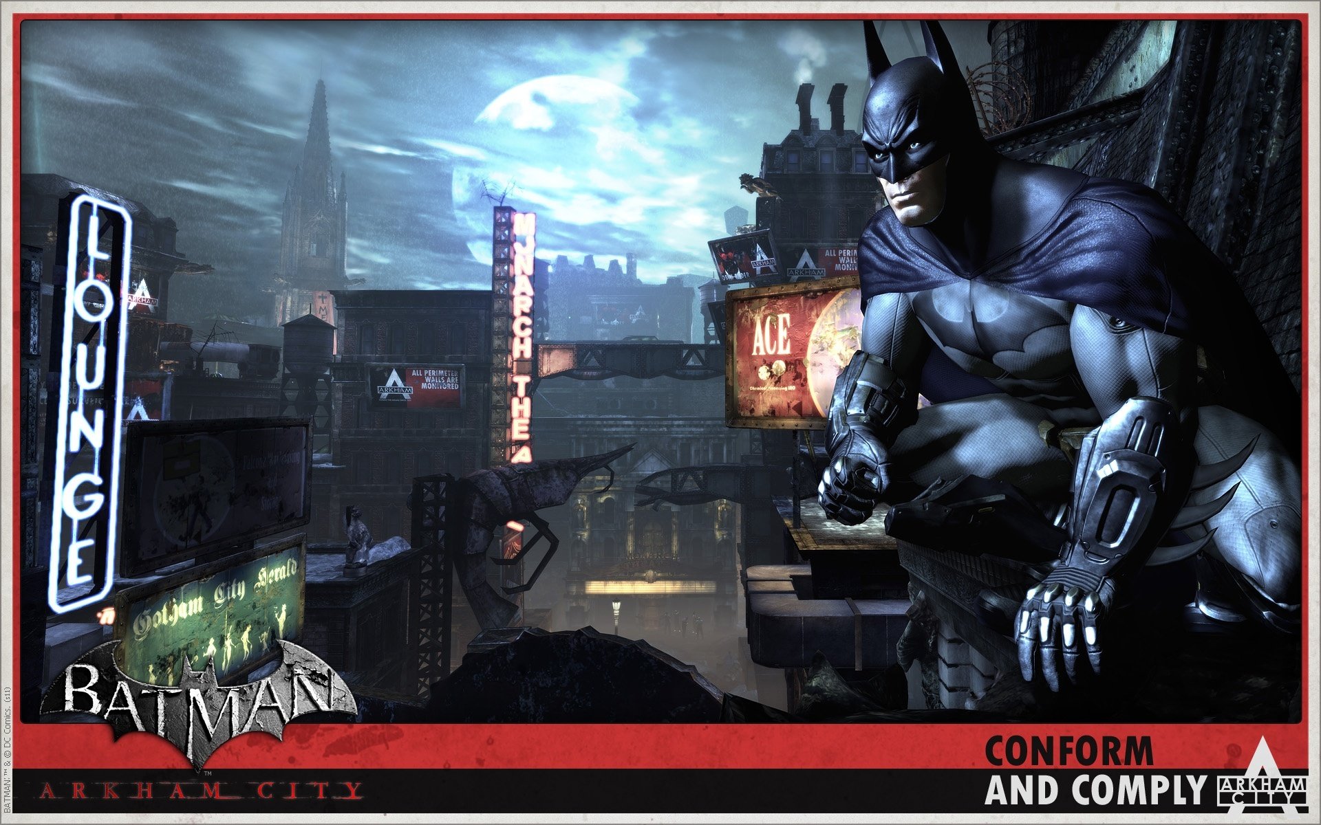 batman arkham city town signs night moon