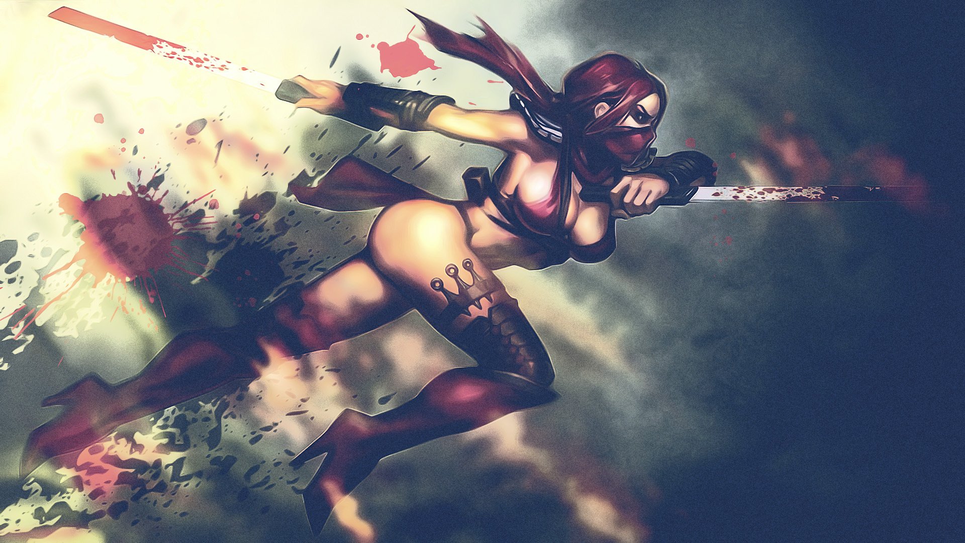 mortal kombat fille guerrier assassin épées sang masque jambes