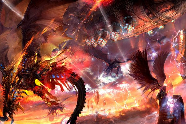 Битва в аду летающих драконов на фоне огненных молнии