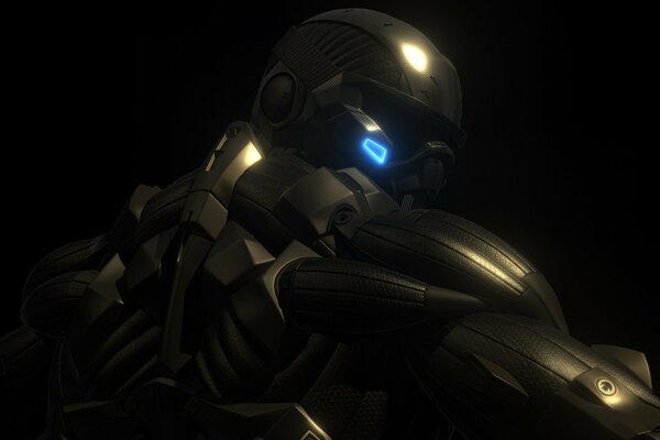 Metal robot with blue eyes on a black background