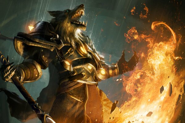 A werewolf in armor absorbing the power of fire