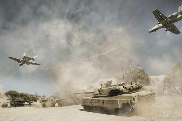 Bitwa na pustyni z samolotami i czołgami z gry Bad company 2