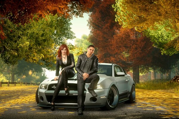 Paar auf Ford Mustang, Herbst-Look