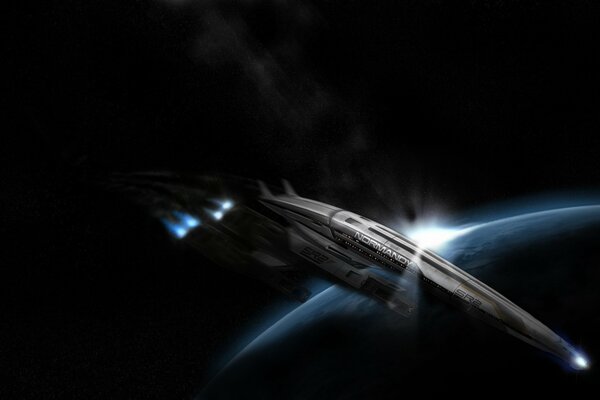 The game Mass Effect spaceship in space