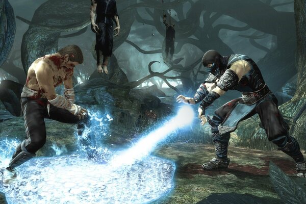 Sub zero gegen Johnny Cage steht im Kampf. Es ist alles ein Kampfspiel. Und in mortal Kombat friert alles unter Null ein