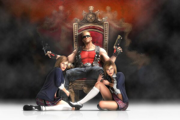 A man on the throne and two girls near him