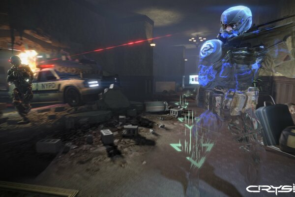 Crysis 2 nanotraje azul cerca de un coche de policía