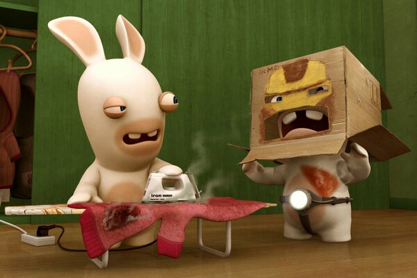 Rabbits rabbids with iron and in a cardboard box