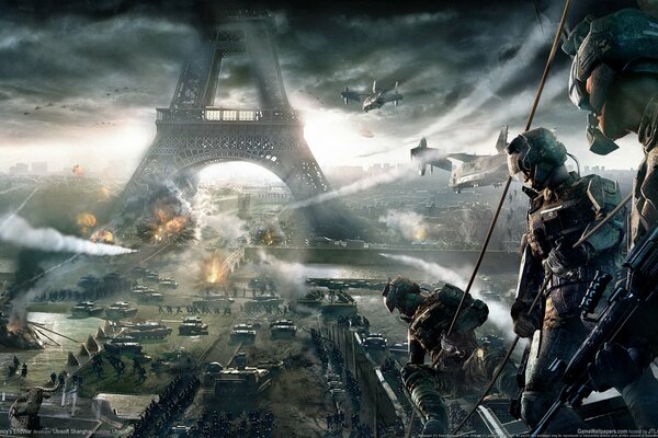 Personaggi del gioco di combattimento sullo sfondo della Torre Eiffel