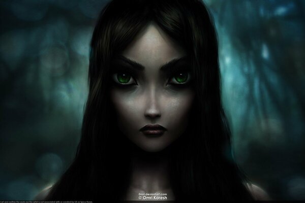 Alice with green eyes and black hair, crazy look