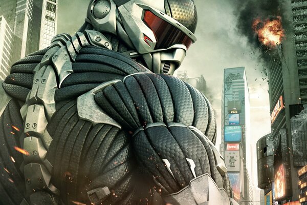 Crysis 2 Roboter vor dem Hintergrund einer brennenden Stadt