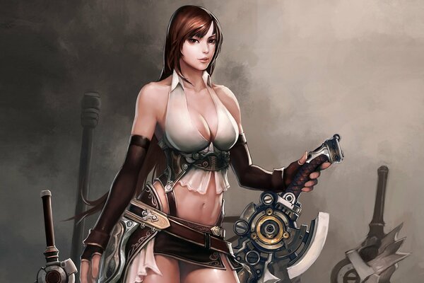 A girl in armor with a sword. The character of the game