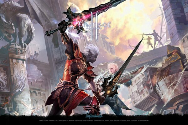 Les elfes de Lineage 2 se battent dans la ville