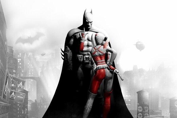 Batman in einer nebligen Stadt schaut auf die Jokerin, die eine Pistole in der Hand hat