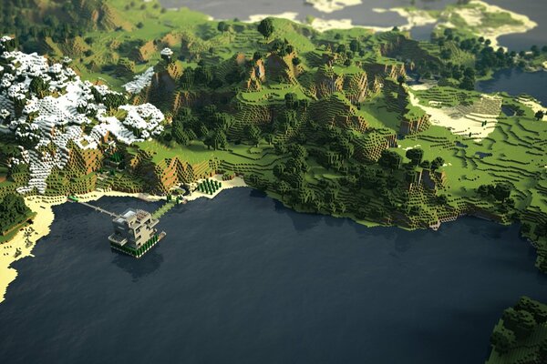 Minecraft green island with snow-capped mountains