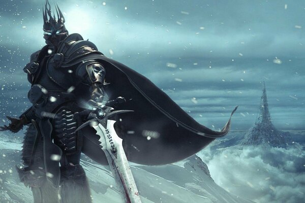 A mystical warrior with a sword on a snowy background