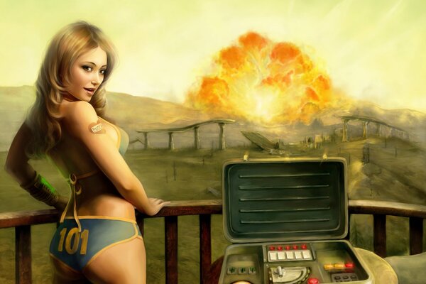 A girl in a bikini and an explosion in the background