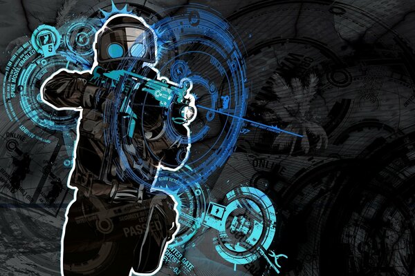 CS a masked man with a machine gun on a black and blue background