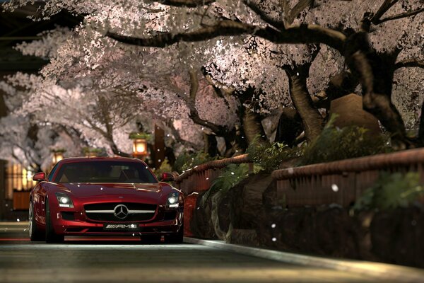 Rotes Auto auf Sakura-Hintergrund