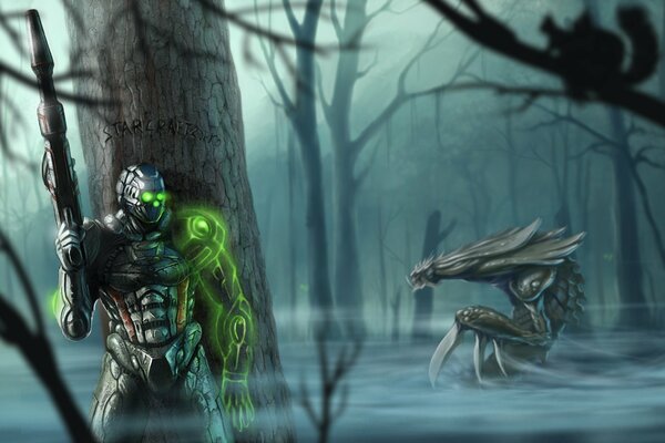 A warrior with a weapon is walking through the swamp in the fog, and a squirrel is sitting on a tree and a monster is hiding next to it. This is starcraft