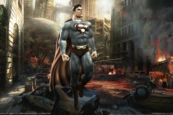 Superman from the game mortal Kombat, walking among the ruins of the city