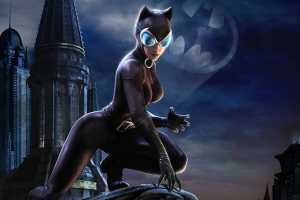 Catwoman sur fond de Gotham City avec emlem Batman