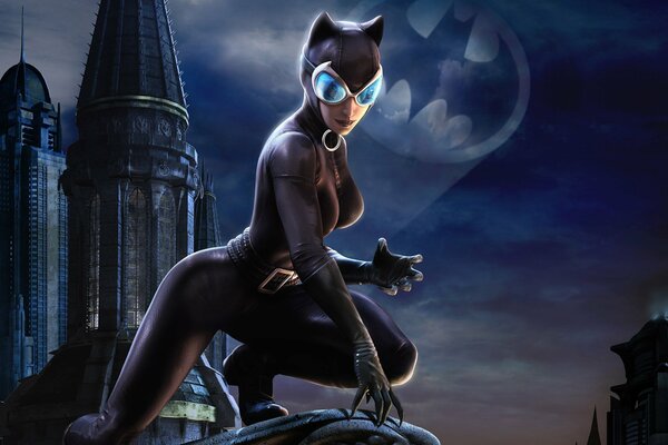 Catwoman na tle Gotham City z emlemą Batmana