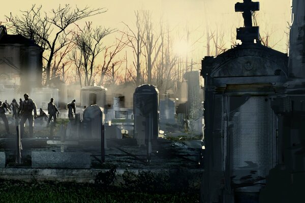 A night cemetery with dead zombies