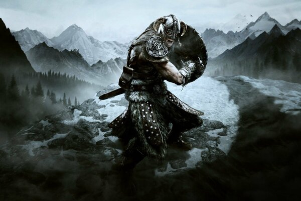 Sulla neve, un guerriero con una spada e uno scudo è the elder scrolls skyrim