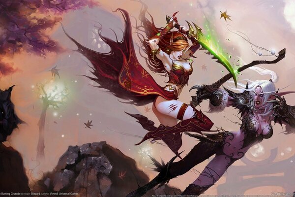 Art screensaver for the desktop from the game Warcraft two girls with a sword