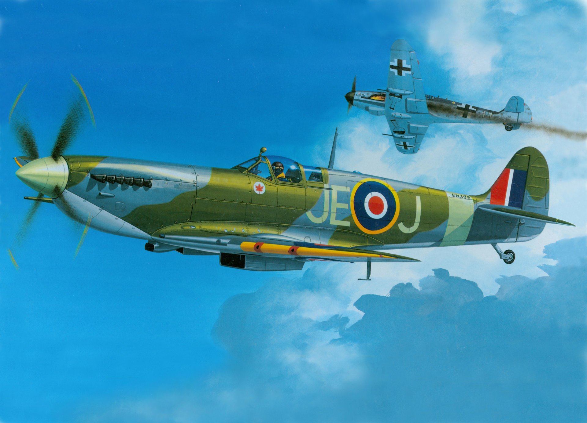 avion guerre mêlée art ww2 combattant britannique spitfire bf 109