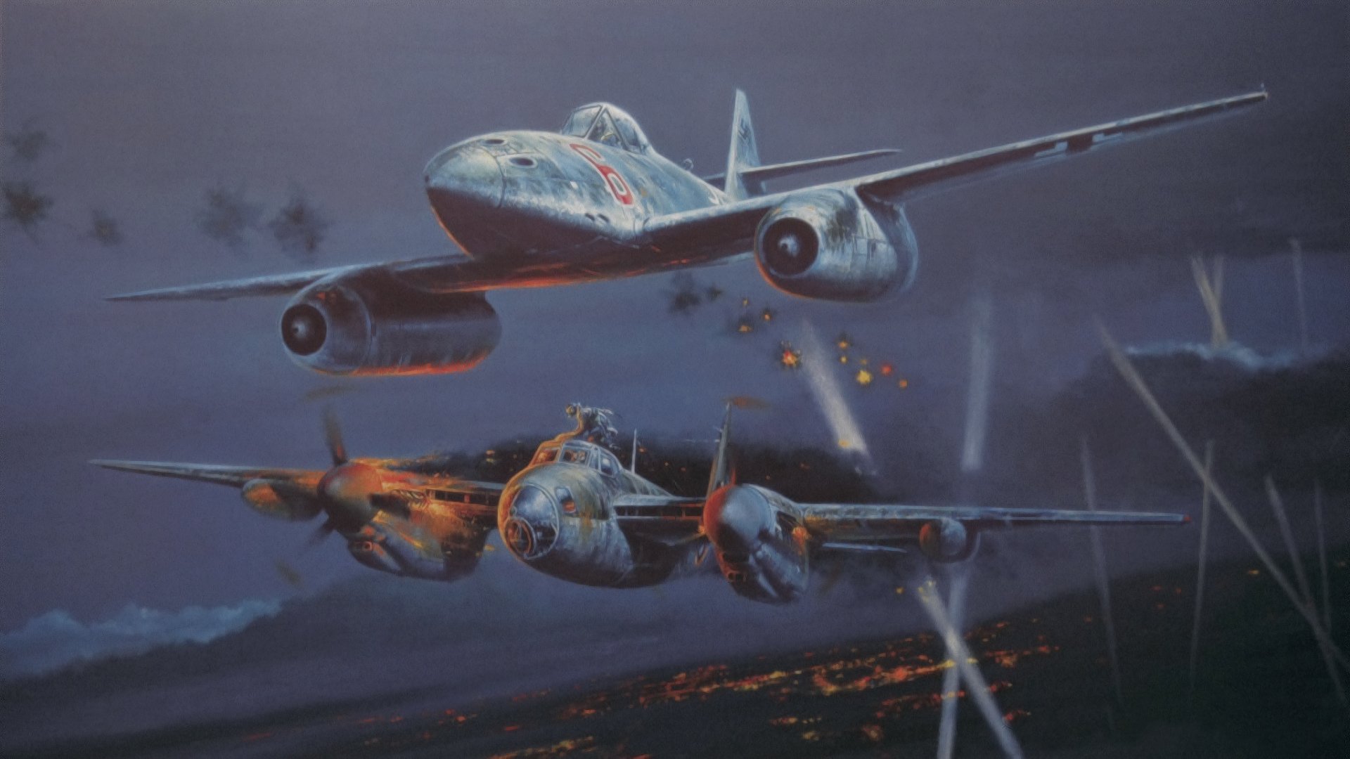 messerschmitt me 262 de havilland mosquito guerra ww2 luchador nocturno pintura arte