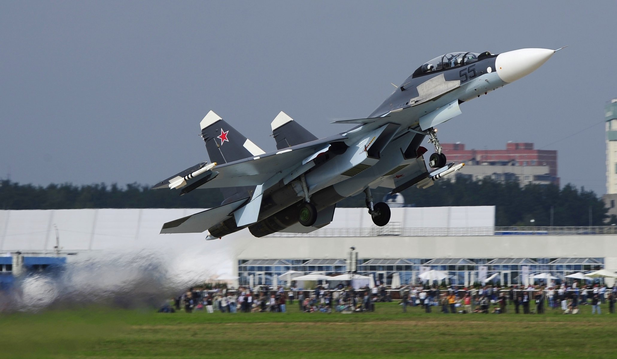 and dry su-30 cm air force russia soviet double multi-purpose fighter generation the first production aircraft in the world has supermaneuverability airport wings engine chassis people sukhoi su-30 russian air force airfield takeoff