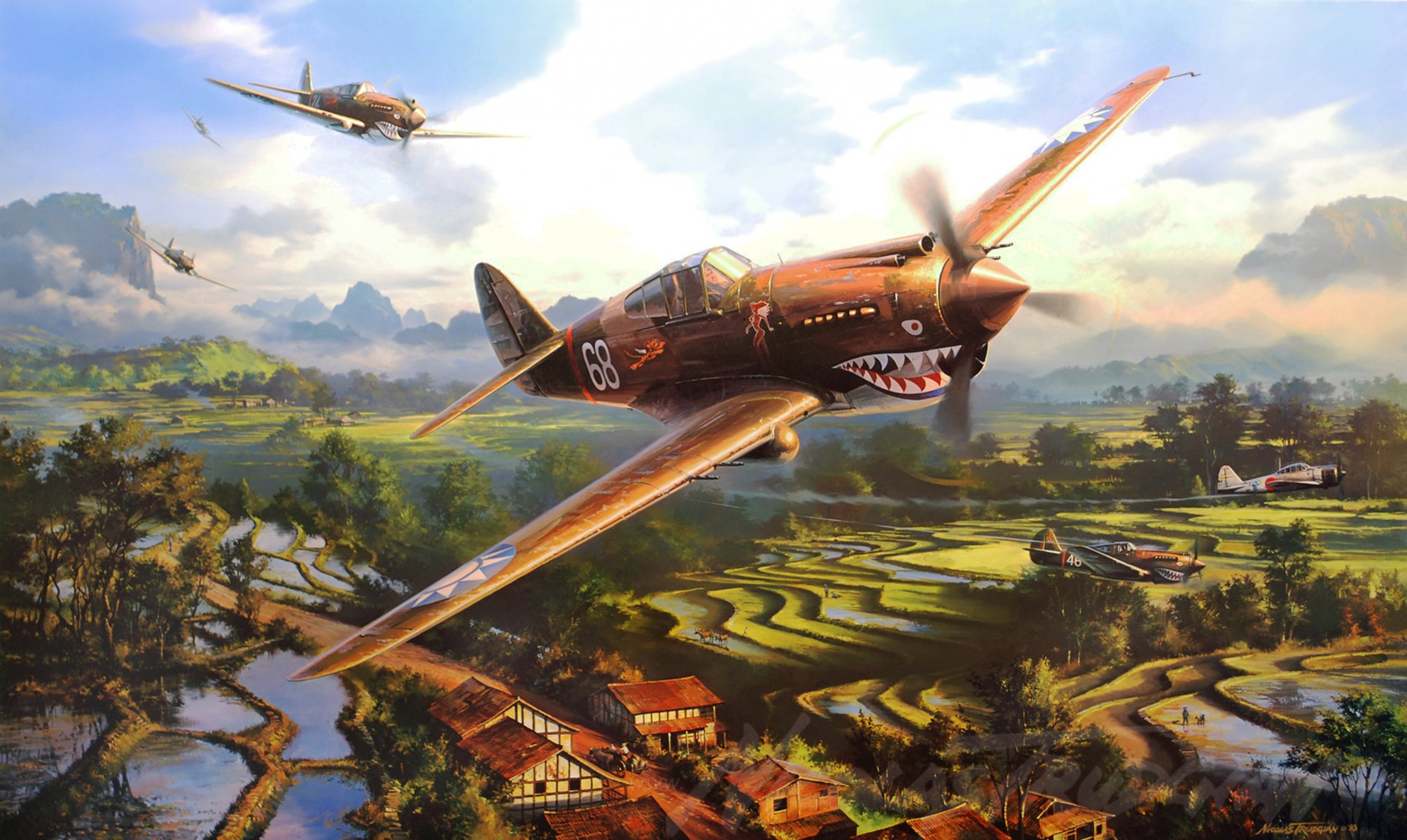 guerra ww2 trabajo arte pintura p-40 tomahawk a6m zero tigres de vuelo