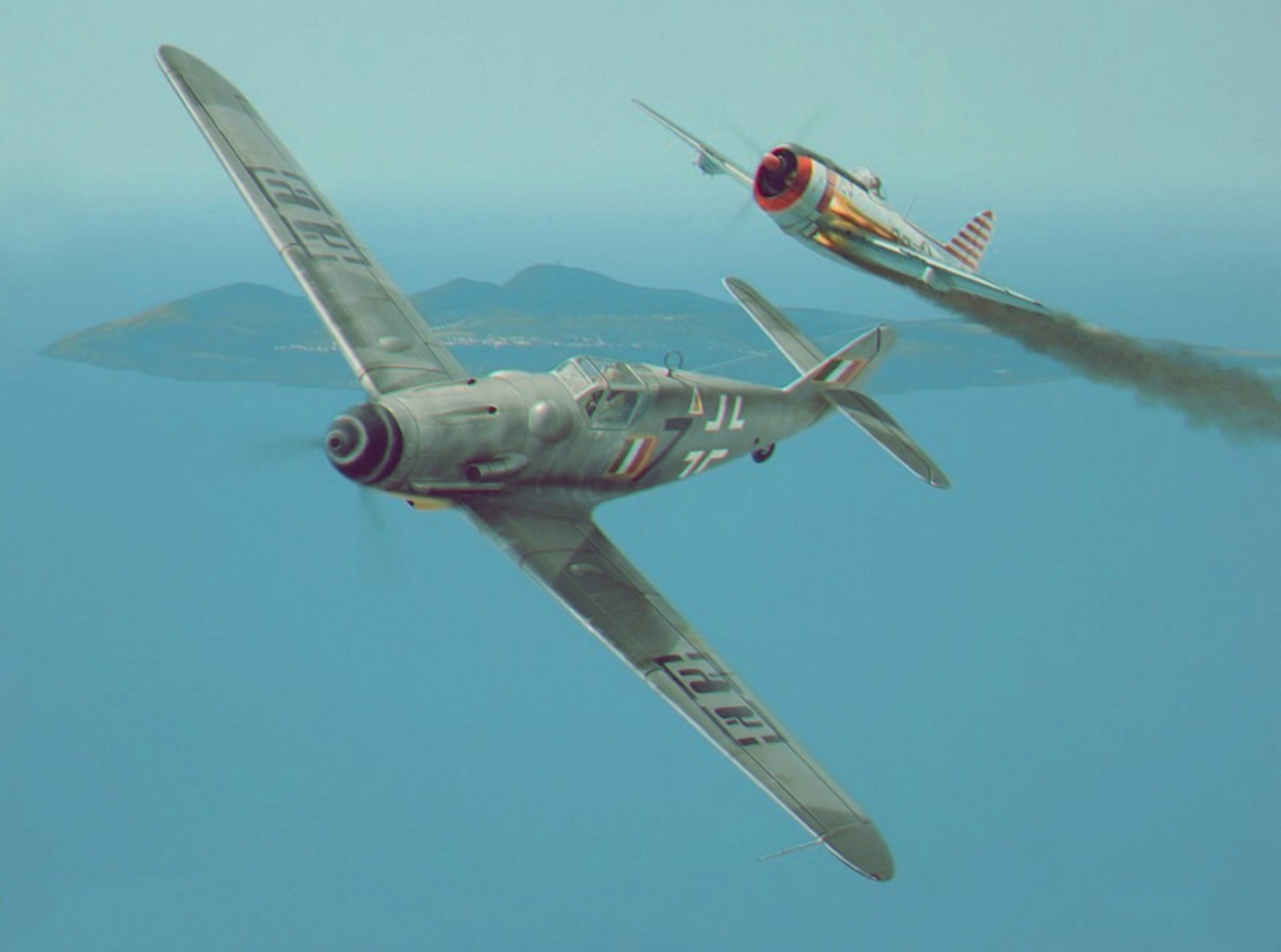 p 47 thunderbolt luftkampf nahkampf ww2 krieg malerei kunst flugzeug bf 109 deutsches flugzeug