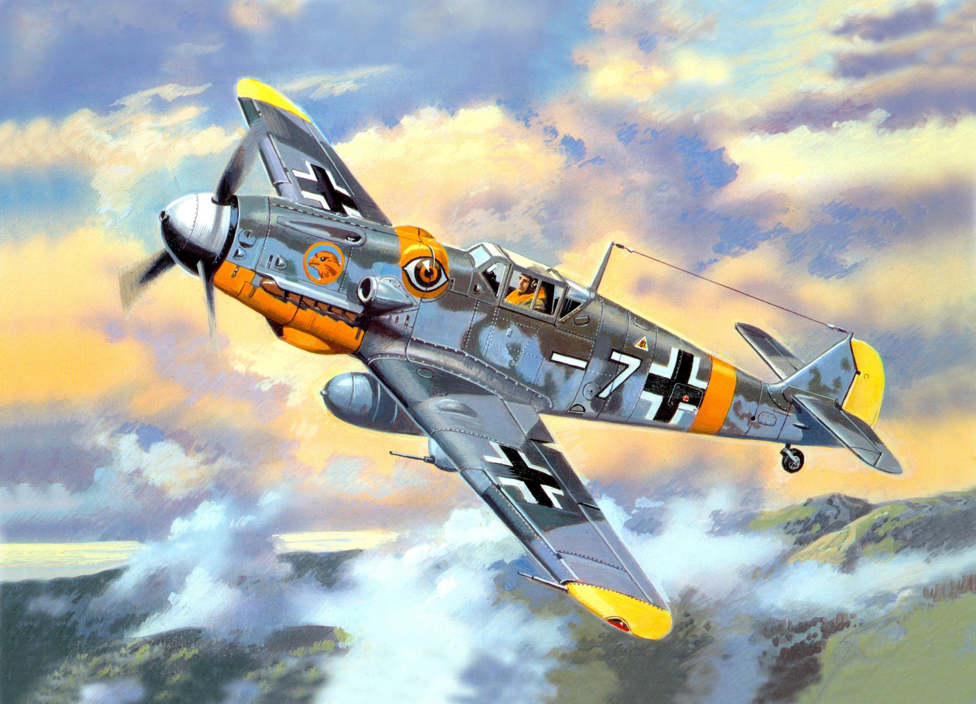 art bf-109g-6 allemand combattant ciel nuages ww2 dessin