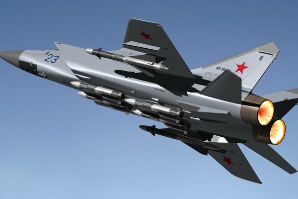 MIG-31 performs maneuvers in the sky