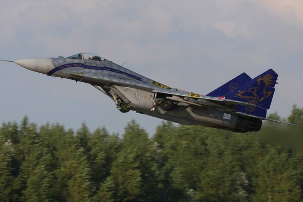 Chasseur polyvalent MIG-29 au décollage au-dessus des arbres