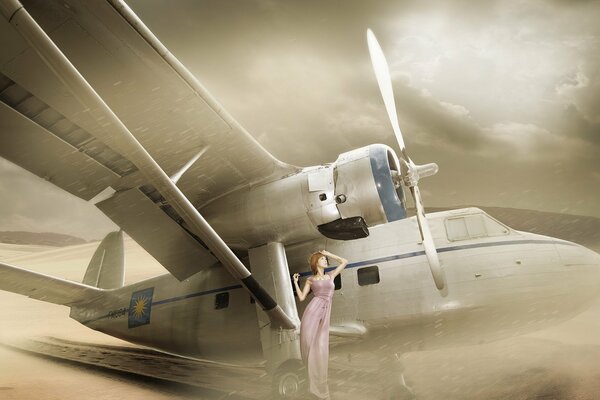 Drawing of a girl in the desert on the background of an airplane